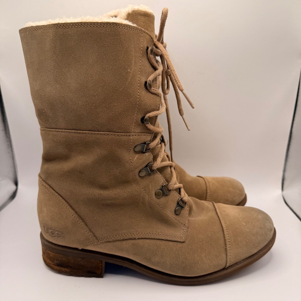 UGG Gradin Tan Suede Shearling Lined Lace Up Combat Boots Mid Calf Women US 9.5